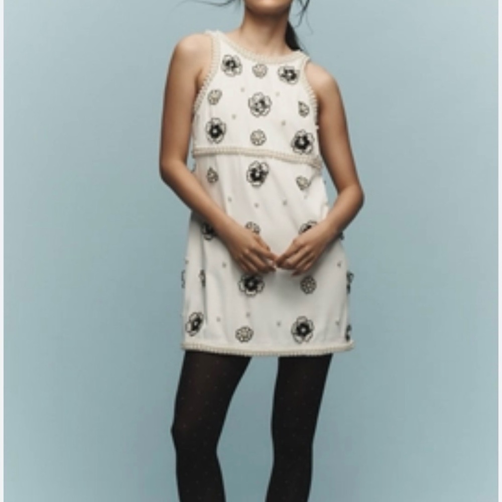 Zara Cream Mini Dress with Black Floral Patterns
